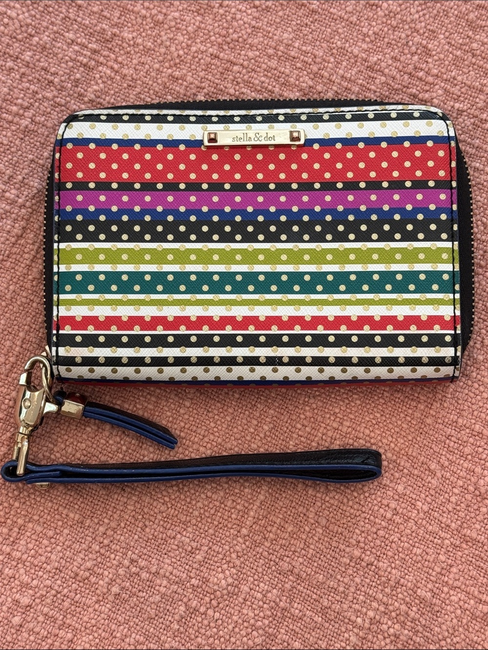 Stella & Dot Polka Dot striped Wristlet / card wallet pouch/ gold tone hardware